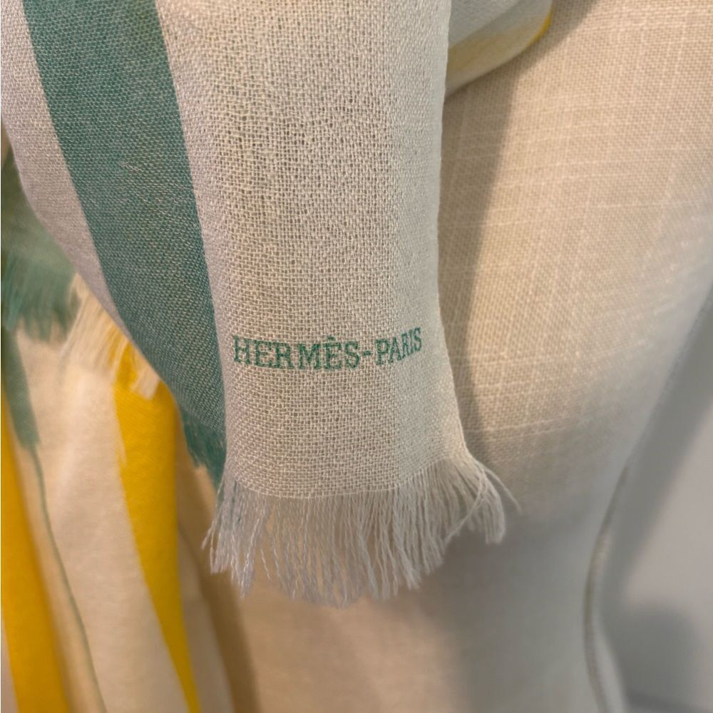 NWT Hermes Yellow and Green cashmere bamboo striped Scarf - Picture 4 of 9